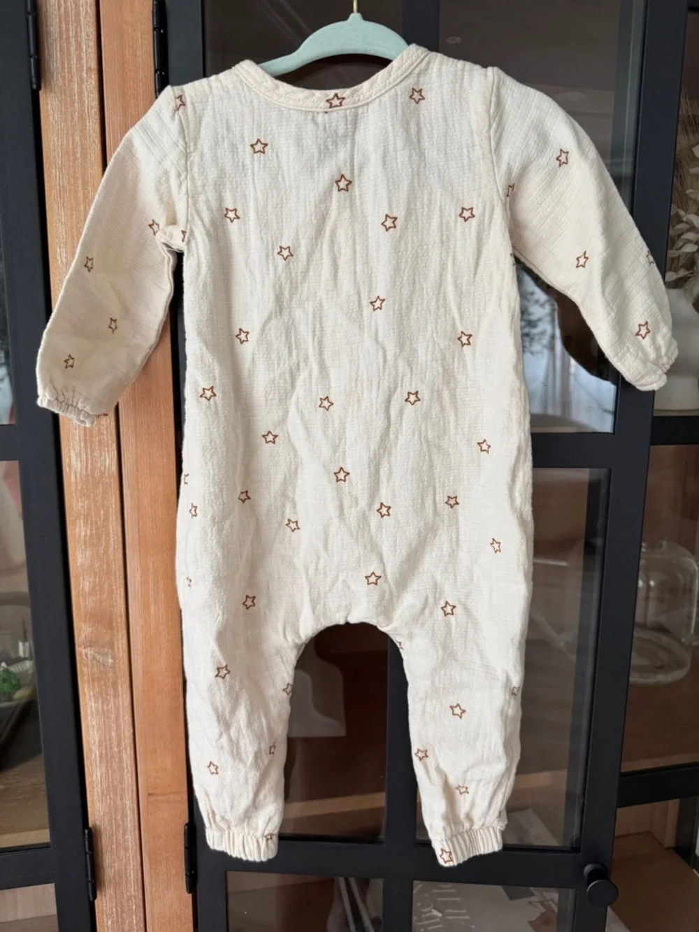 Quincy Mae Stars coverall Woven Jumpsuit beige cotton gauze baby neutral woven
